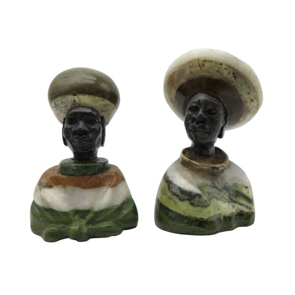 Small Stone Bust Set Colourful Hand Carved in Zimbabwe Africa 3.5" and 3.1" Tall - Picture 1 of 9
